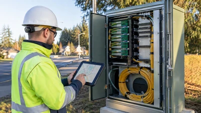 OSP maintenance specialist compares a tablet route map with fiber paths inside an open distribution cabinet