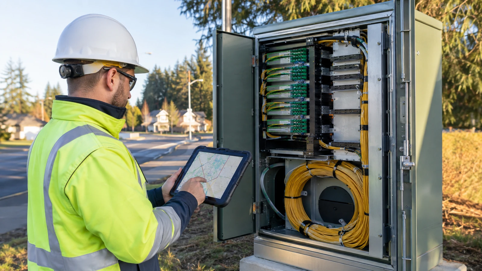 OSP maintenance specialist compares a tablet route map with fiber paths inside an open distribution cabinet