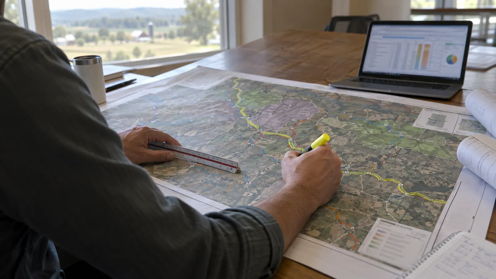 In a room overlooking farmland, a person marks routes on a large aerial map with a highlighter and scale ruler.
