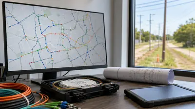 Engineering workstation displaying a fiber route inventory map without brand labels