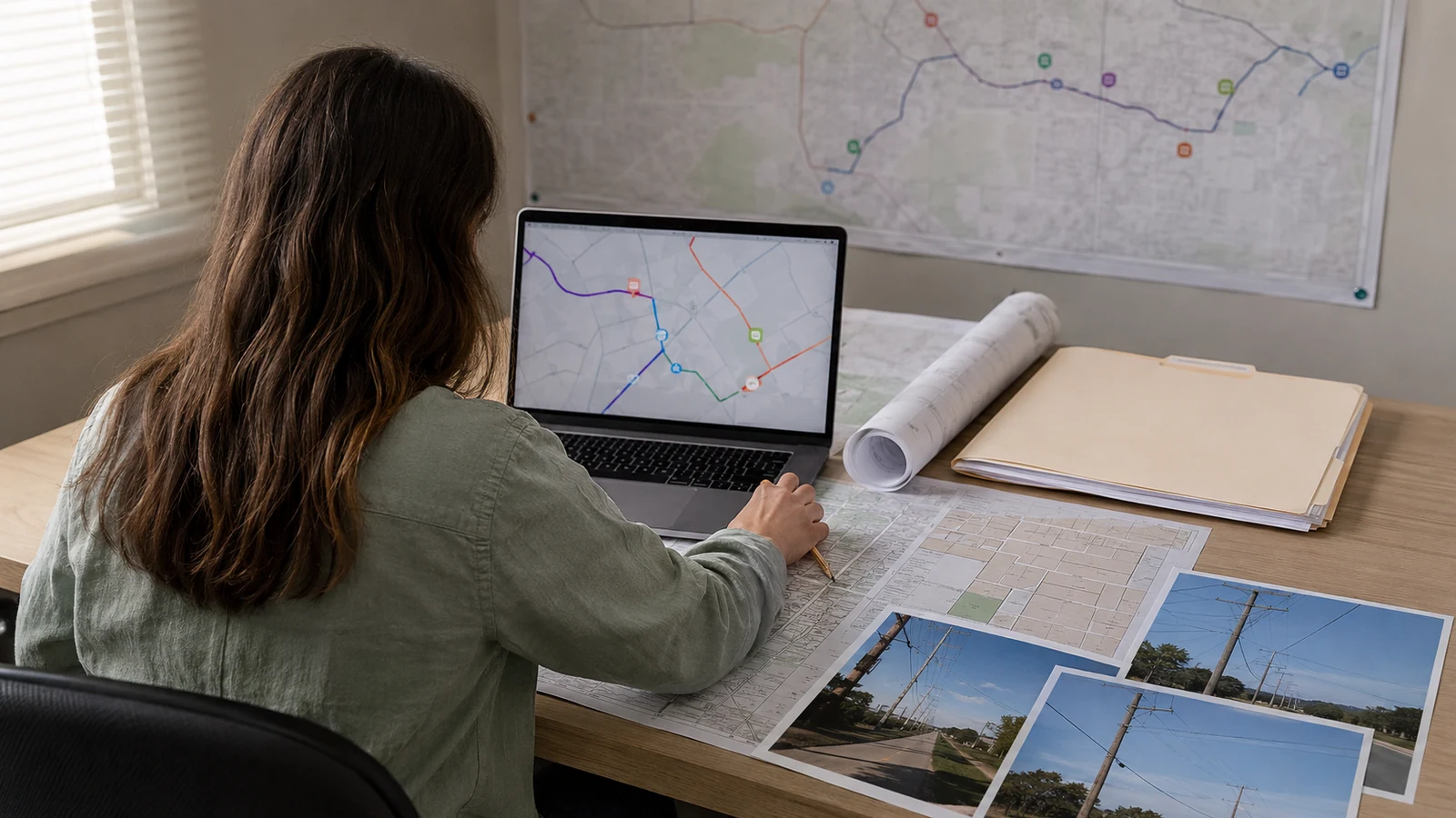 Permit coordinator reviews an unlabeled fiber route map beside roadway plans and utility pole photographs