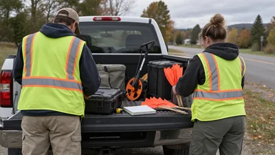Two field engineers organize survey gear at a pickup tailgate before a route walk.