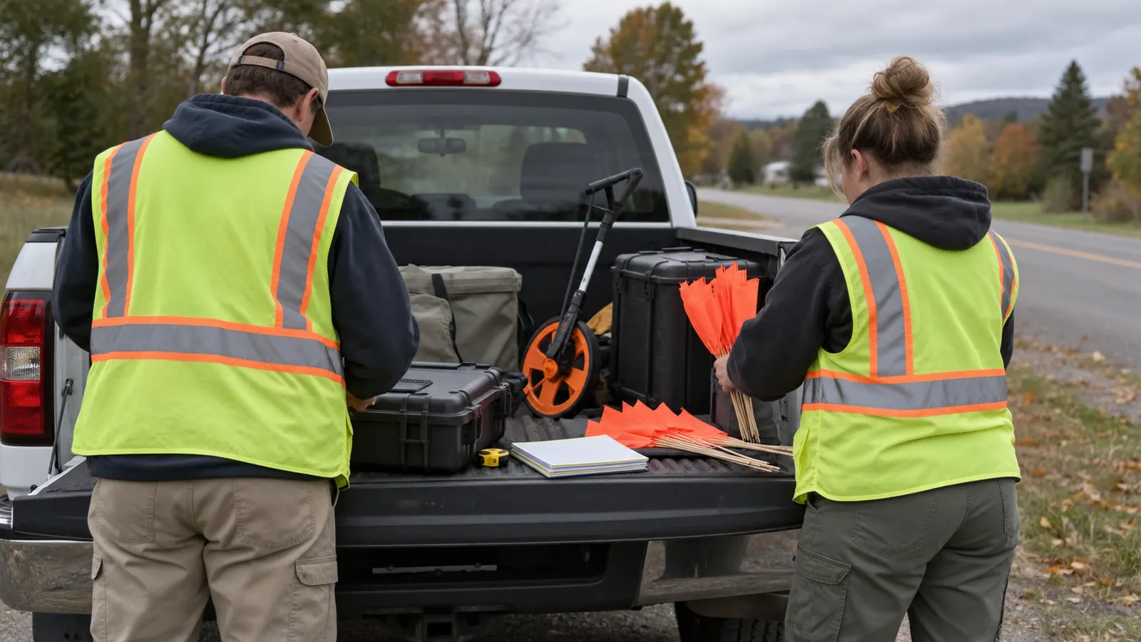 Two field engineers organize survey gear at a pickup tailgate before a route walk.