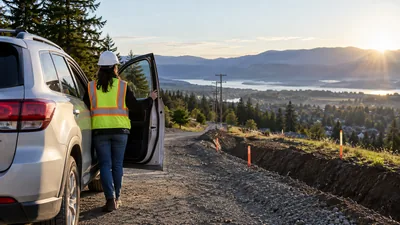 A worker in a hard hat and safety vest opens a silver SUV door beside a staked trench on a gravel hillside road.