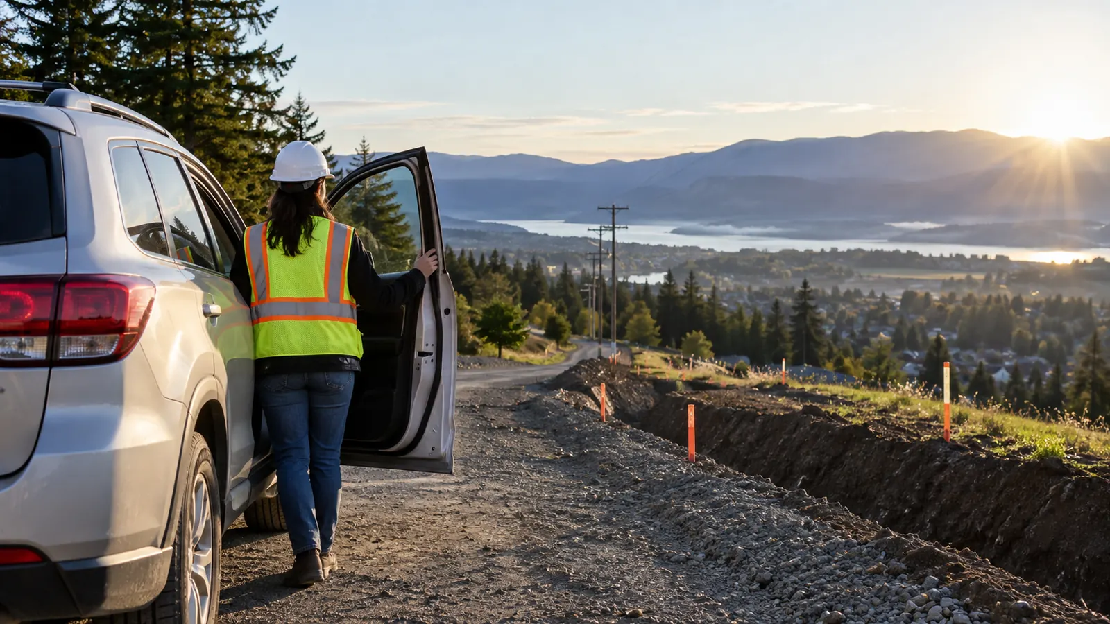A worker in a hard hat and safety vest opens a silver SUV door beside a staked trench on a gravel hillside road.