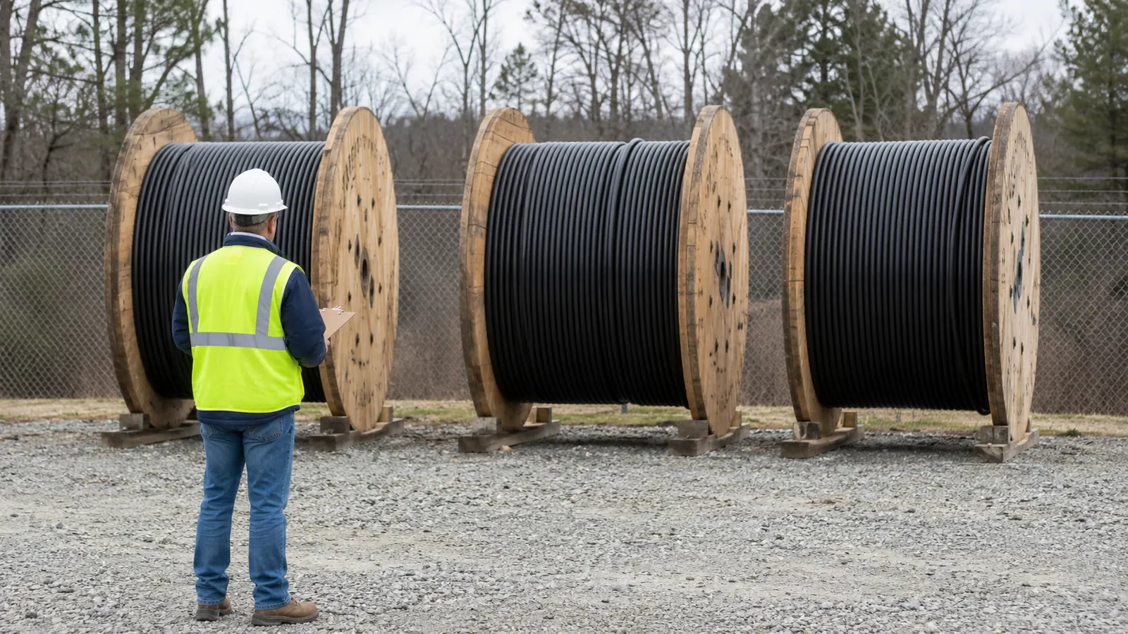 Engineer inspects full-size reels of outdoor communications cable in a storage yard.