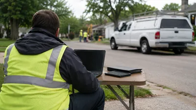 Worker in a high-visibility vest sits at a folding table with a laptop on a residential street beside a work crew.