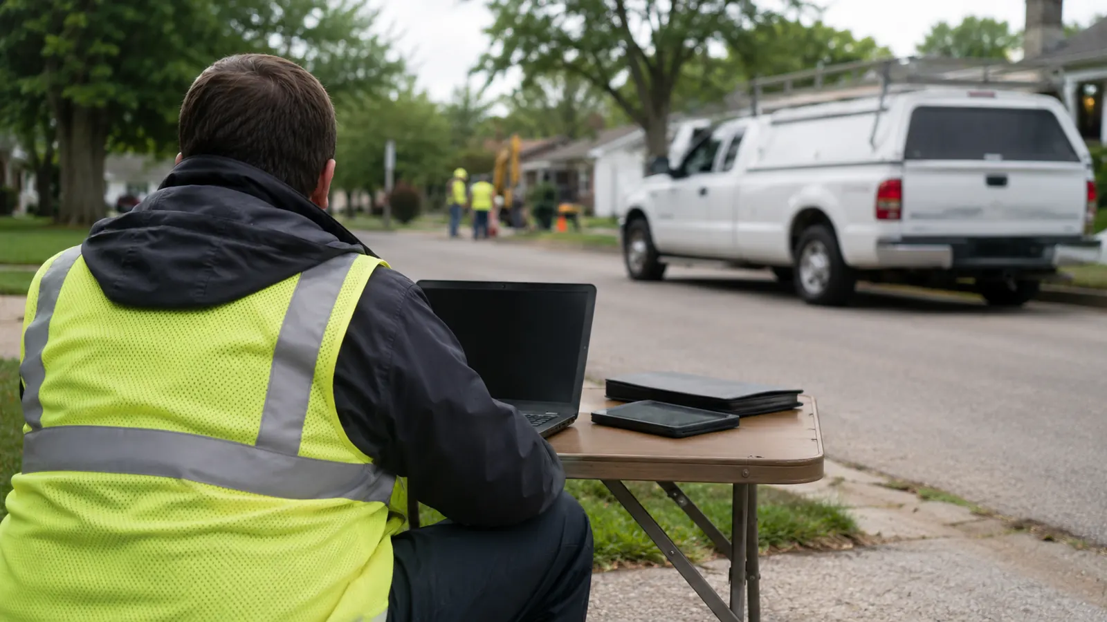Worker in a high-visibility vest sits at a folding table with a laptop on a residential street beside a work crew.