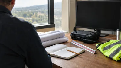A person in a dark shirt sits at a wooden desk by a window beside rolled drawings, an open notebook, and a monitor.