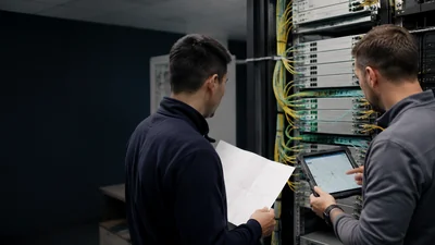 Engineering team reviews an OLT port map against PON paths and fiber as-built revision records