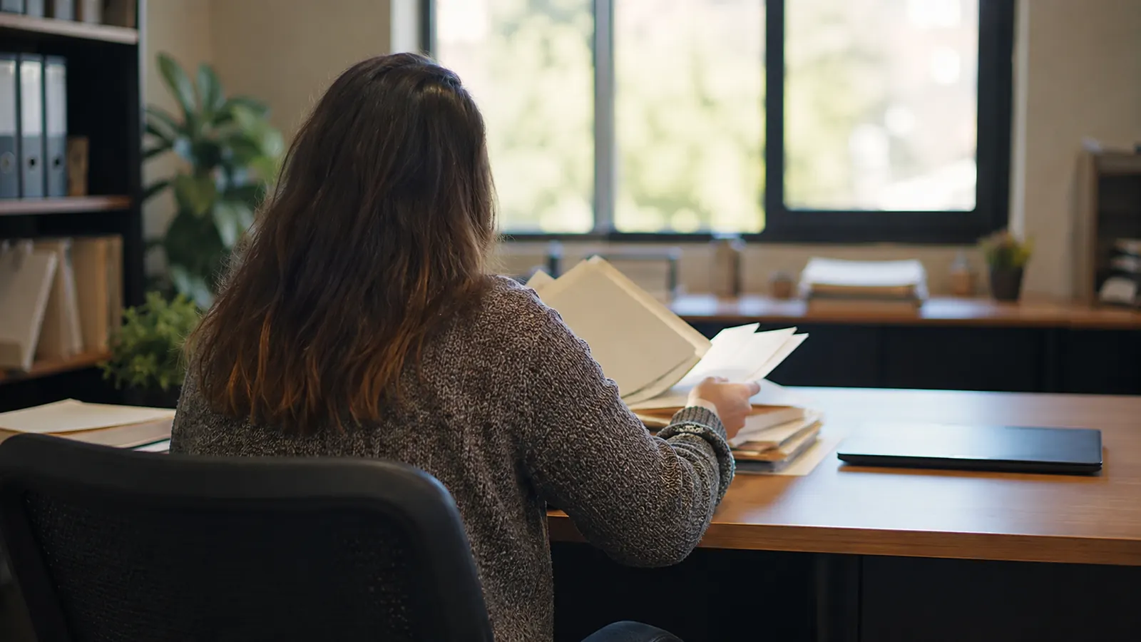 Permit coordinator seen from behind sorts paper folders at a sunlit office desk.