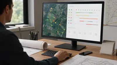 Project coordinator reviewing a map-based fiber permit tracking dashboard