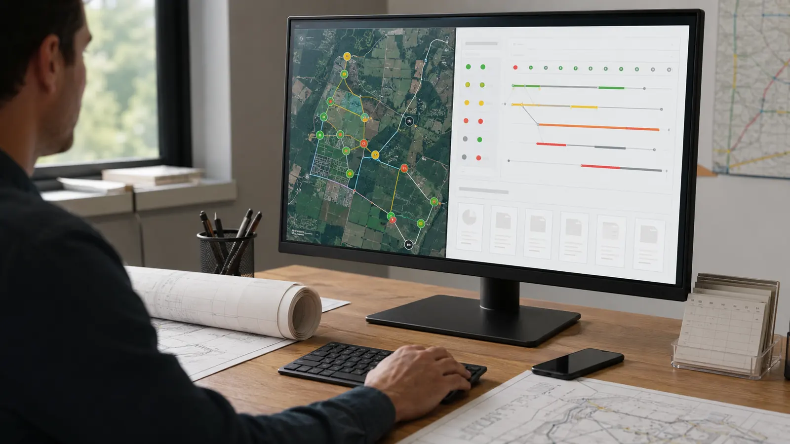 Project coordinator reviewing a map-based fiber permit tracking dashboard
