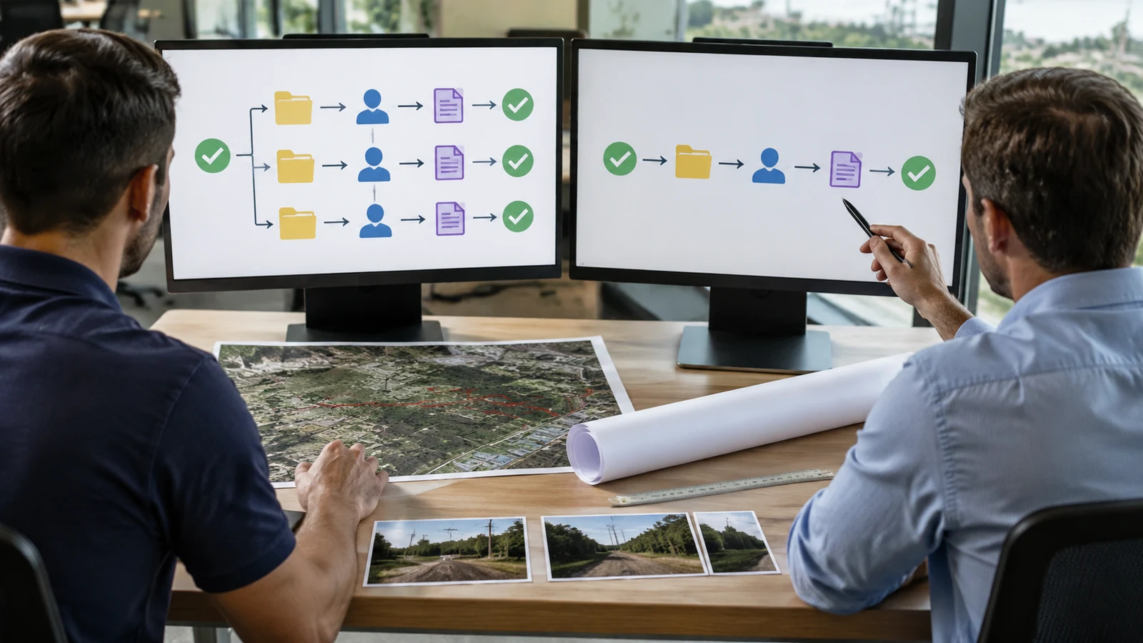 Permit engineers reviewing a generic automated workflow beside fiber route plans