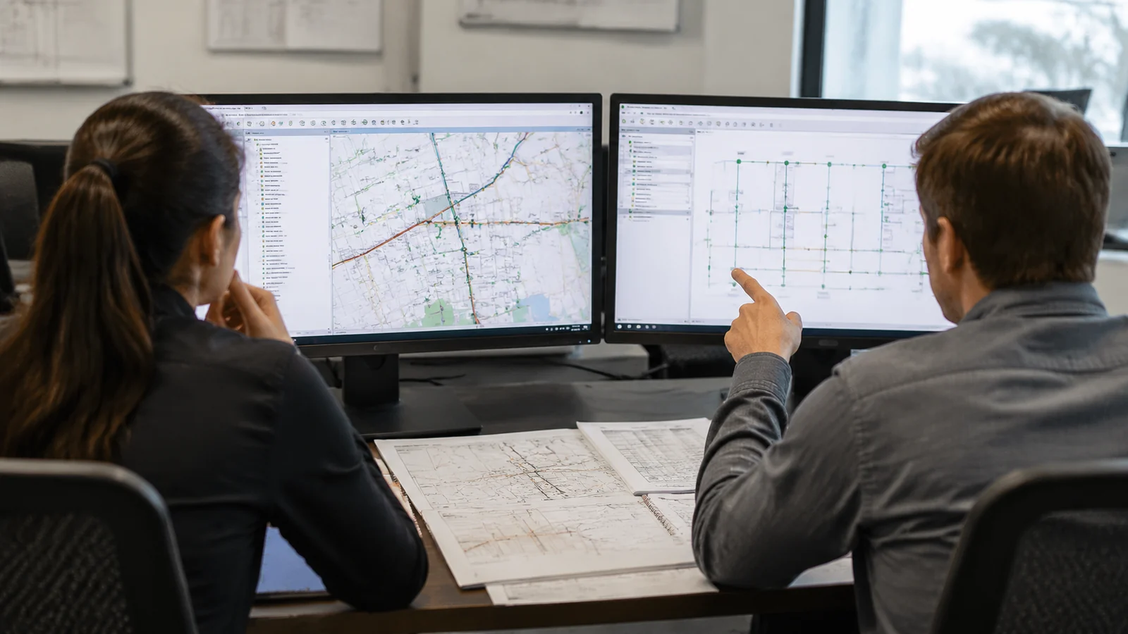 Two people review side-by-side unlabeled GIS maps and schematic connectivity views at a workstation.