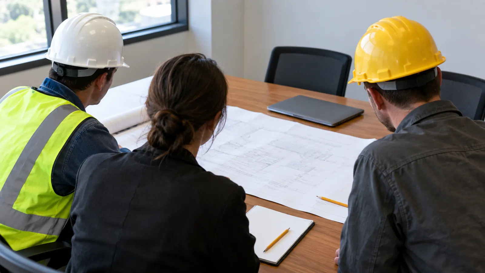 Three people, two in hard hats, review large drawings spread on an office conference table beside a closed laptop.