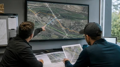 OSP route engineers comparing alternative fiber alignments across an aerial corridor map