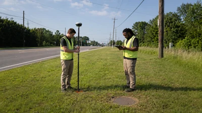 Two OSP field surveyors collecting GNSS and tablet observations along a safe roadside fiber route