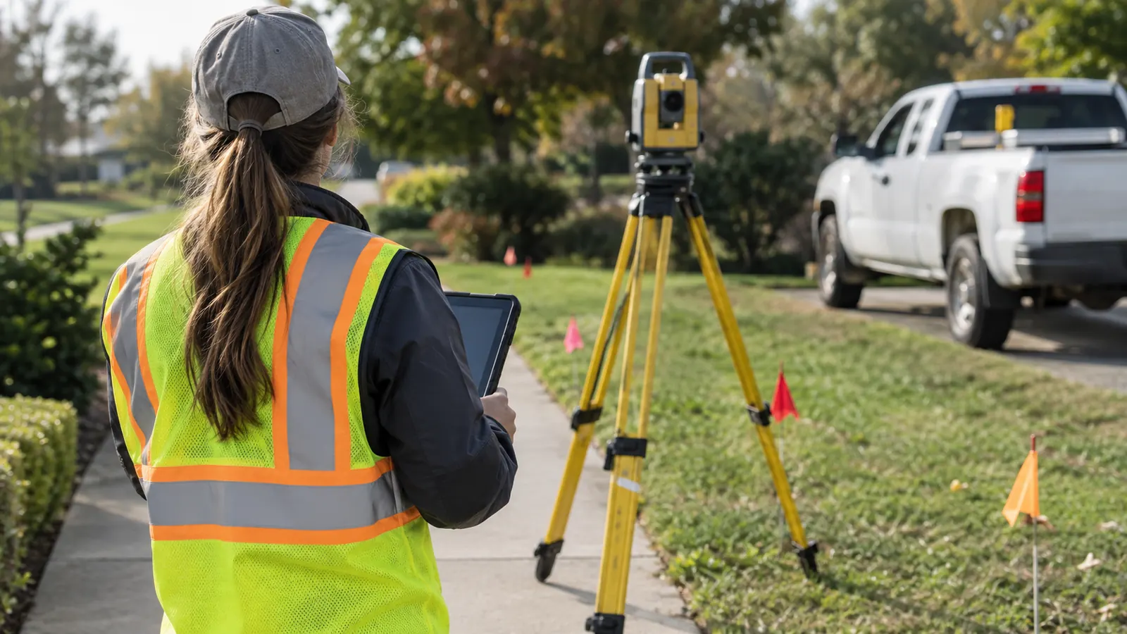 A surveyor in a hi-vis vest holds a tablet beside a total station on a suburban sidewalk near a white pickup truck.