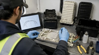 Fiber splice technician reviews an open splice tray beside a tablet in a mobile splice workspace