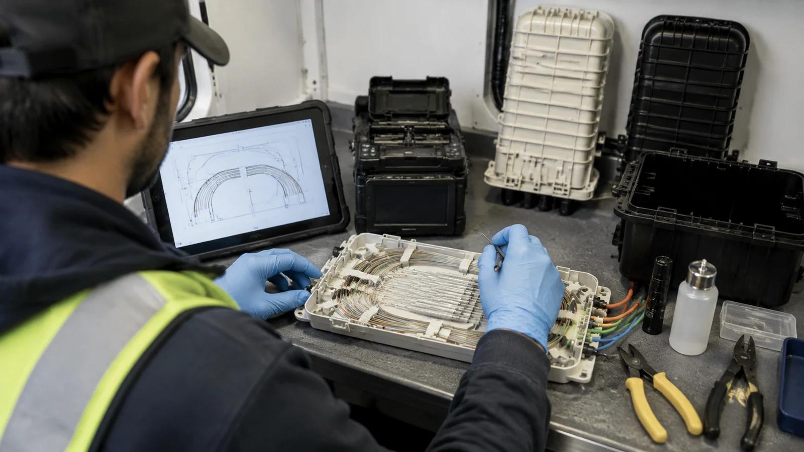 Fiber splice technician reviews an open splice tray beside a tablet in a mobile splice workspace