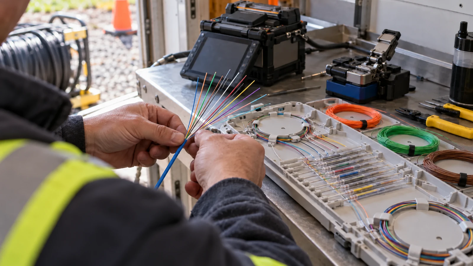 A technician in a safety vest fans out color-coded fibers at a workbench beside a splice tray and fusion splicer.