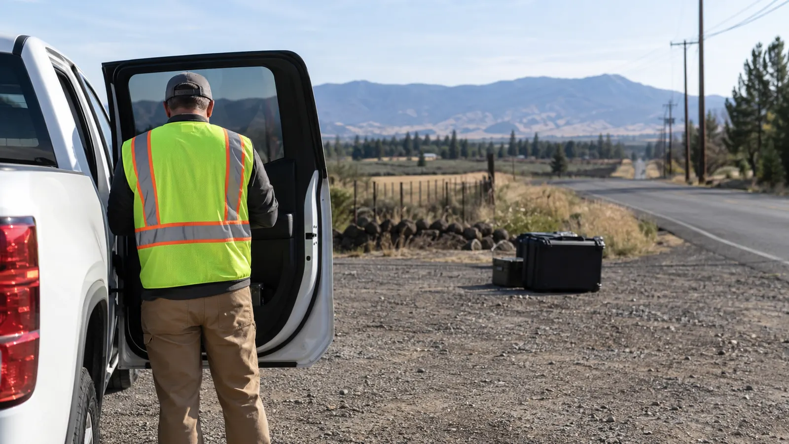 A worker in a safety vest stands at the open door of a white pickup on a gravel roadside near black cases, mountains ahead.