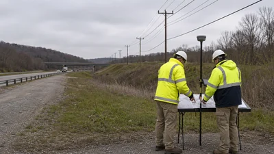 OSP engineers reviewing a long-haul fiber trunk alignment beside a highway corridor