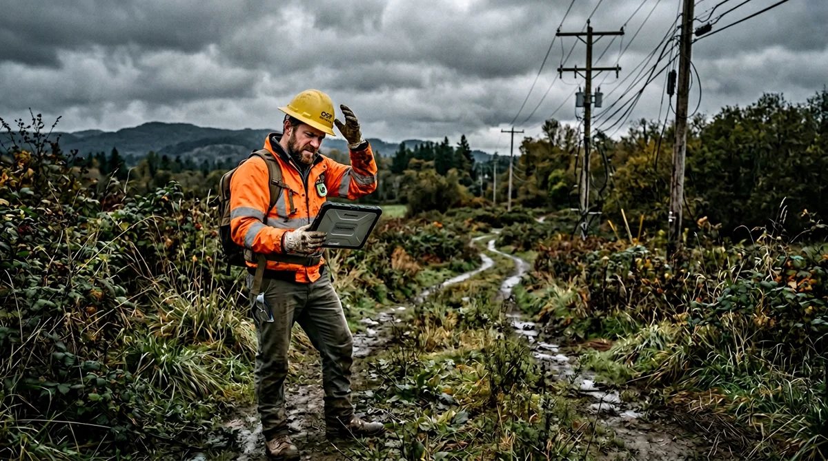 OSP field engineer reviewing bad survey data on a tablet in muddy rural terrain with utility poles