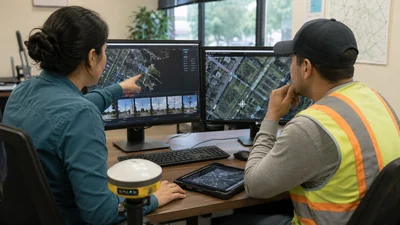 OSP data coordinator and field survey technician reviewing synchronized telecom survey data