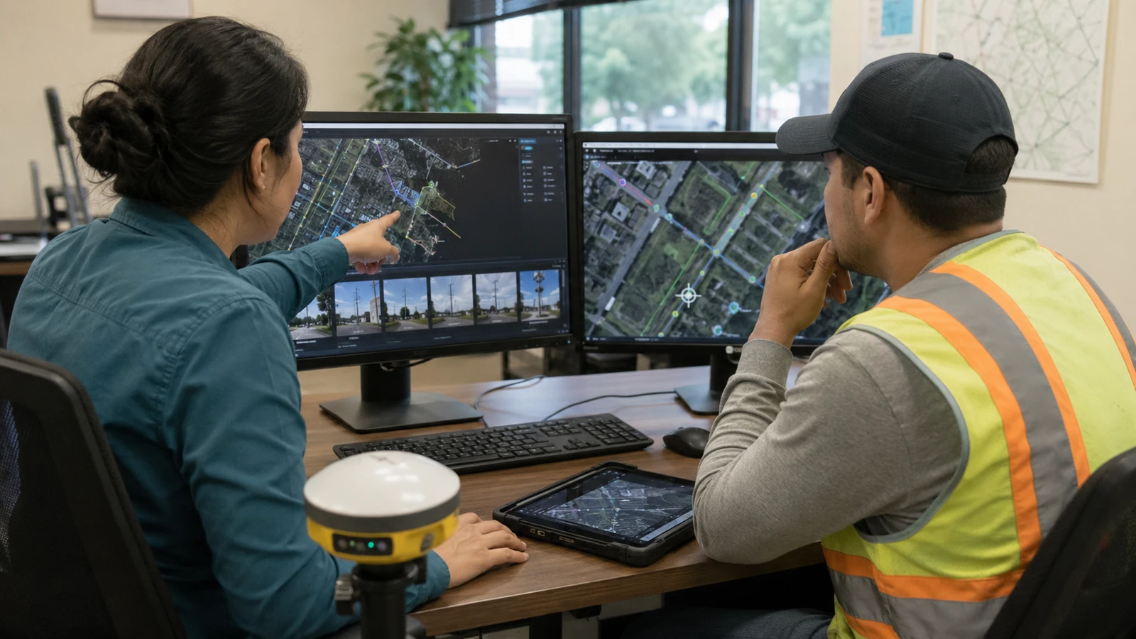 OSP data coordinator and field survey technician reviewing synchronized telecom survey data
