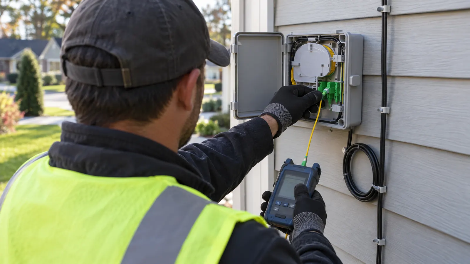Worker in a hi-vis vest plugs a yellow cable from a handheld tester into an open box on a house's siding.