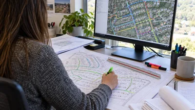 A person at a desk marks a printed neighborhood plan with a green highlighter beside a monitor showing an aerial map.