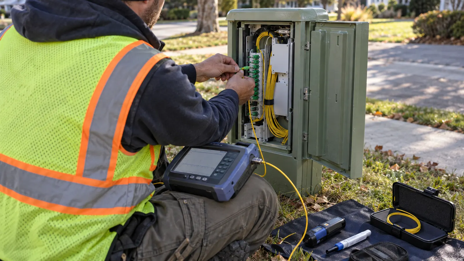A technician in a safety vest connects yellow fiber cords in an open green cabinet on grass, a test meter on one knee.