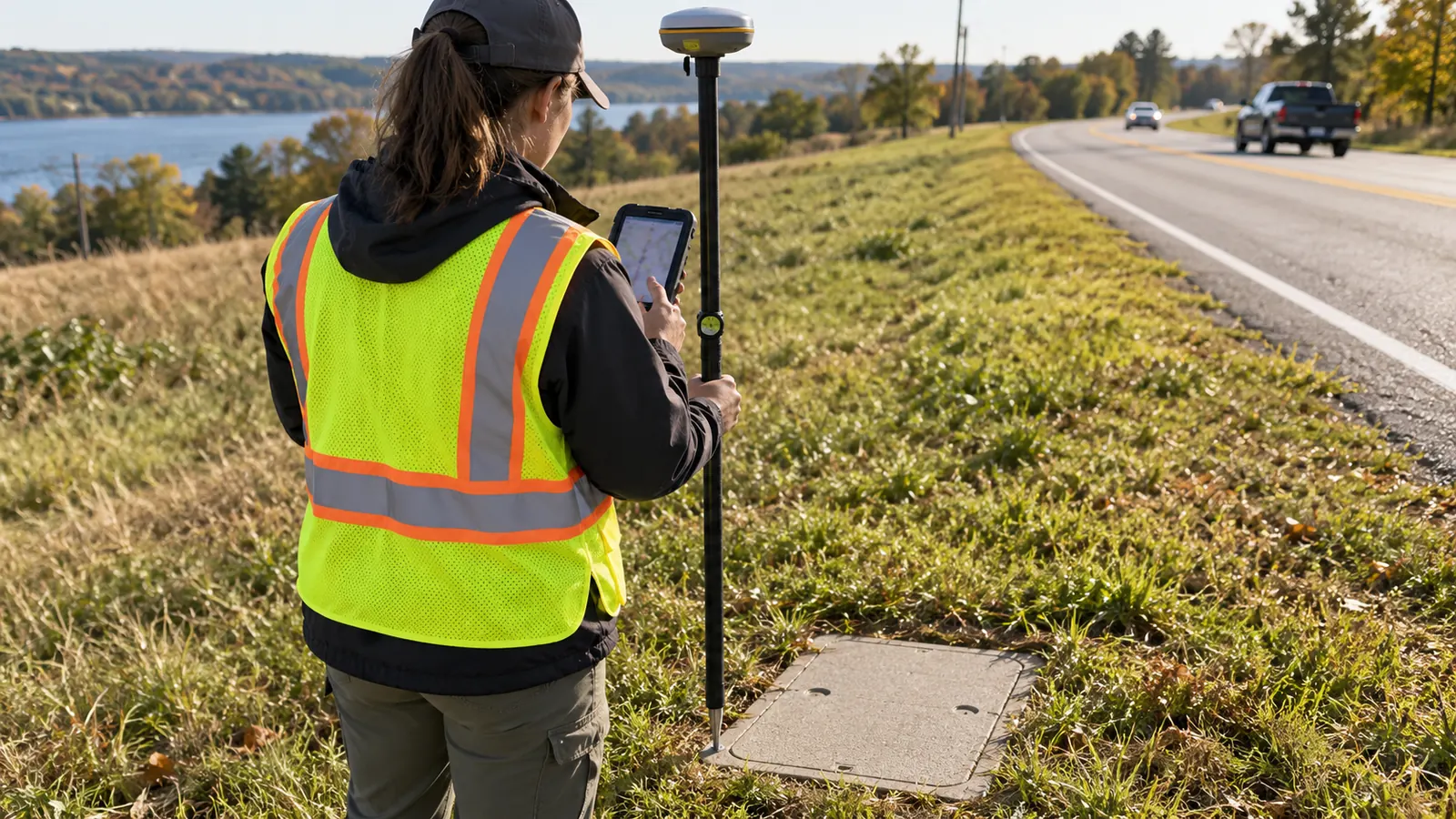 A worker in a high-visibility vest holds a survey pole beside a ground box lid on a grassy roadside, checking a tablet.