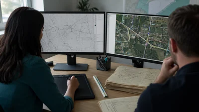 GIS technicians converting a scanned telecom utility map into clean georeferenced vectors
