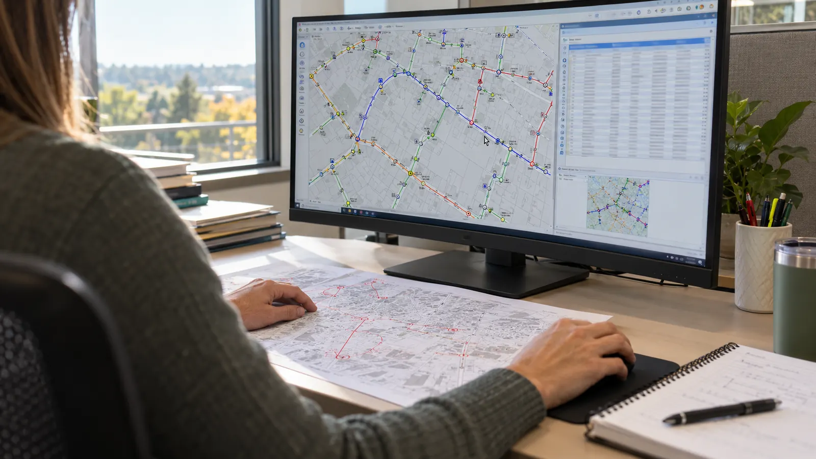 A person at an office desk studies a map with colored lines on a curved monitor, one hand on a printed map.