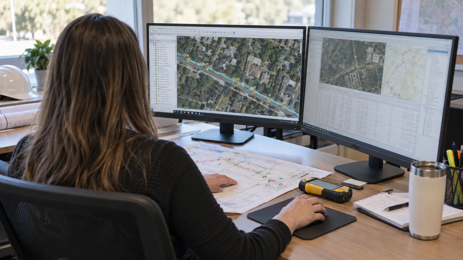 A person at an office desk uses a mouse beside a printed map while two monitors show aerial map imagery.