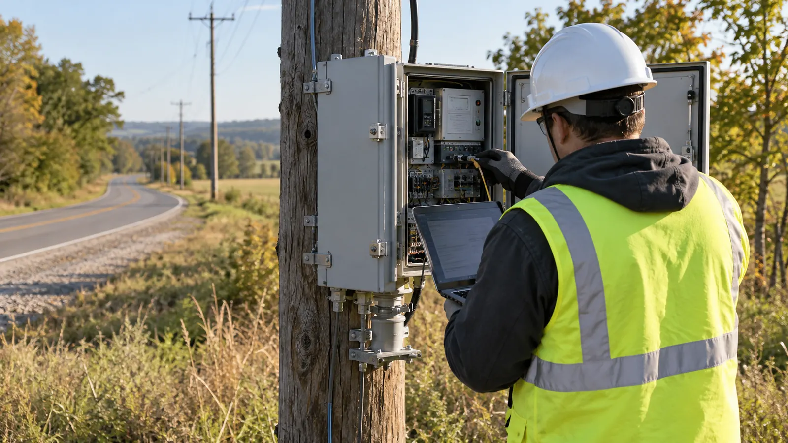 A worker in a hard hat and vest holds a laptop and plugs a cable into an open cabinet on a wooden pole by a rural road.