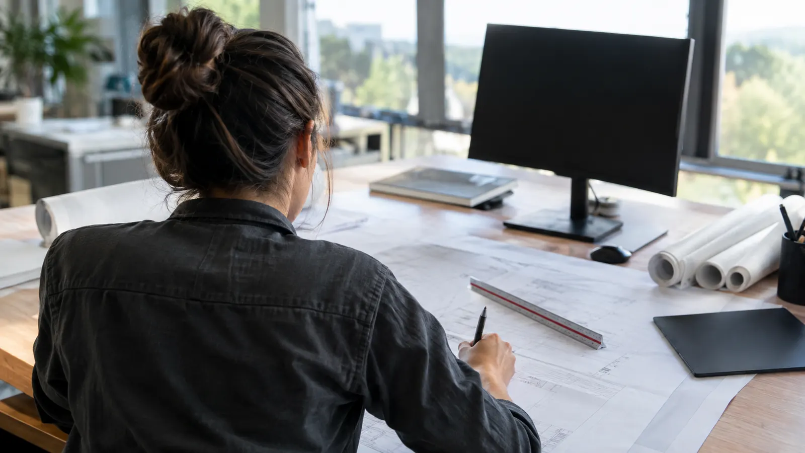 A person seen from behind marks a drawing sheet with a pen at a desk with a scale ruler, rolled plans and a blank monitor.