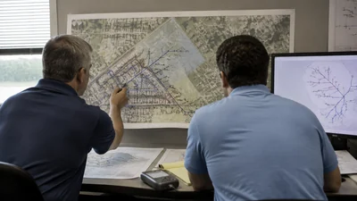 Engineers seen from behind compare an unlabeled HFC node map with coax plant prints in a cable-system field office.