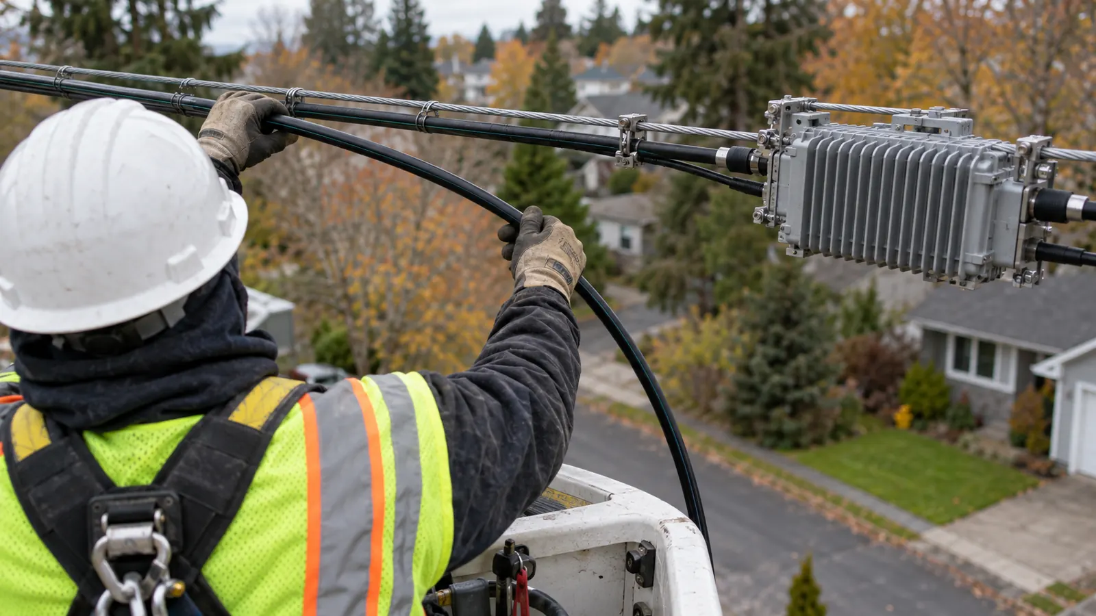 A worker in a hard hat in an aerial bucket handles black cable by a strand-mounted enclosure above a suburban street.