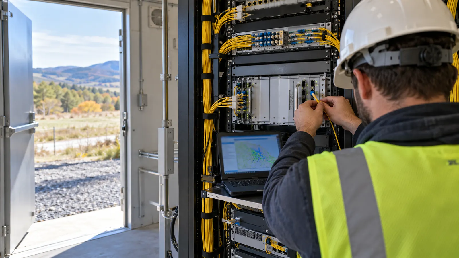 A technician in a hard hat and safety vest plugs a yellow fiber cable into an equipment rack inside a rural shelter.