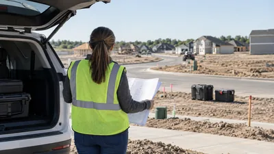 A worker in a safety vest reviews plans beside an open white SUV at a new housing development with staked, graded lots.