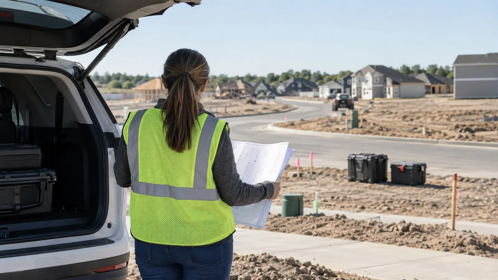 A worker in a safety vest reviews plans beside an open white SUV at a new housing development with staked, graded lots.