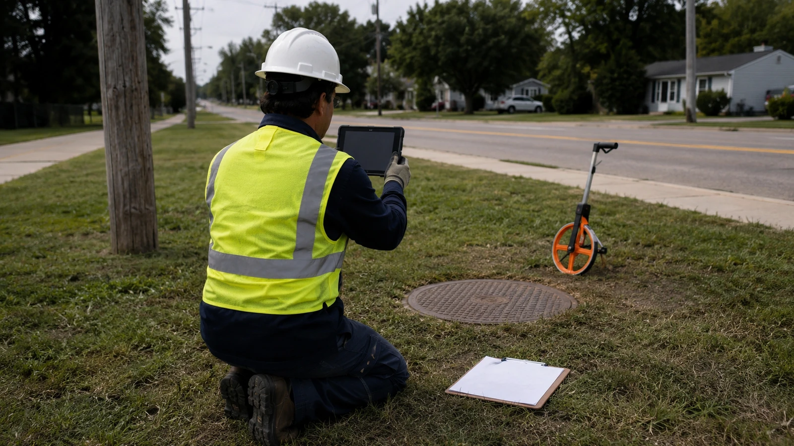 Telecom field technician viewed from behind using a blank tablet beside a closed utility access cover and measuring wheel on a suburban verge