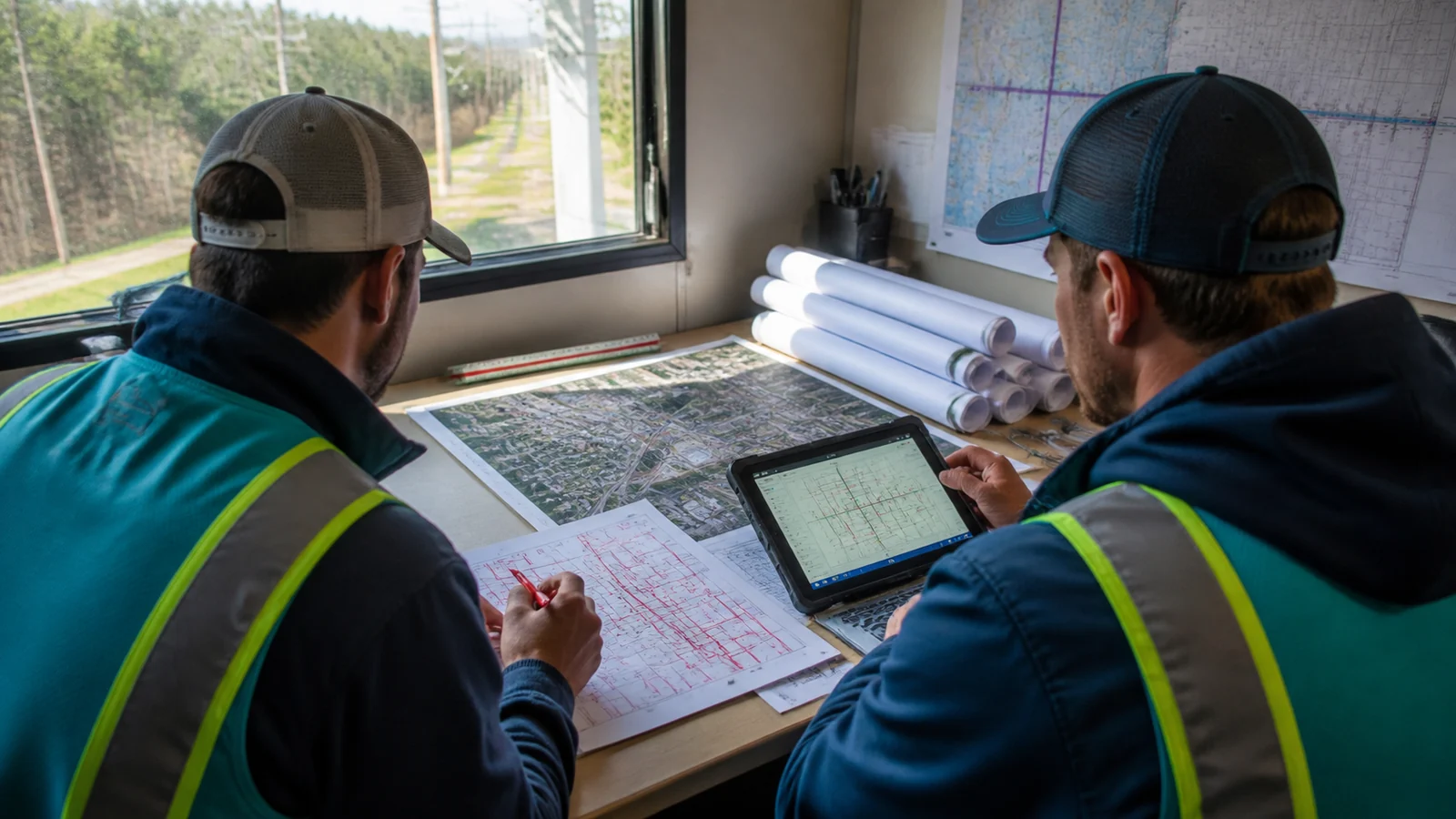 Two workers compare printed maps and a map on a tablet in an office overlooking utility poles.