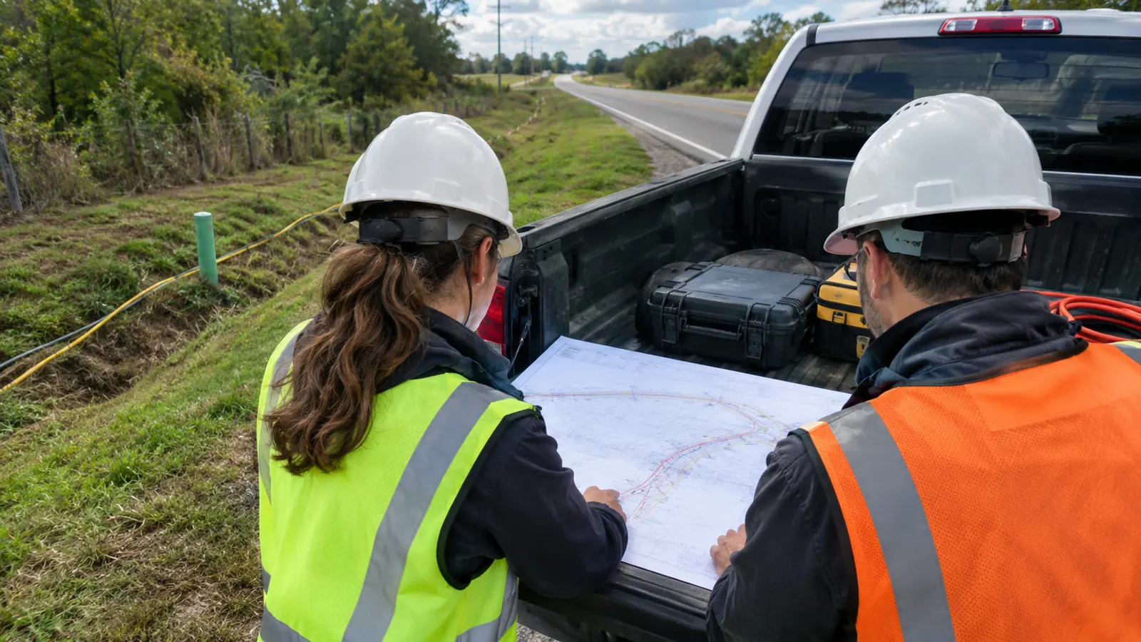 Two workers in hard hats and safety vests review a large drawing on a white pickup's tailgate beside a rural road.