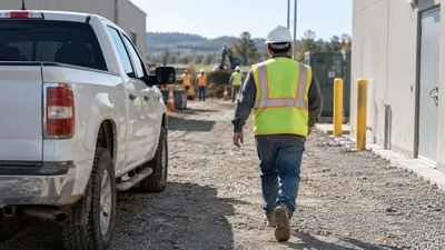 A worker in a hard hat and safety vest walks down a gravel lane past a white pickup truck toward a crew beside an excavator.