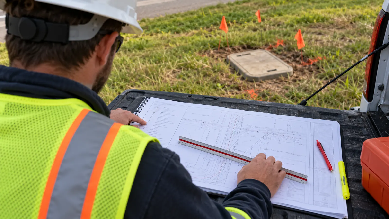 A worker in a hard hat and vest reads plans with a scale ruler on a white pickup tailgate by a flagged ground box.